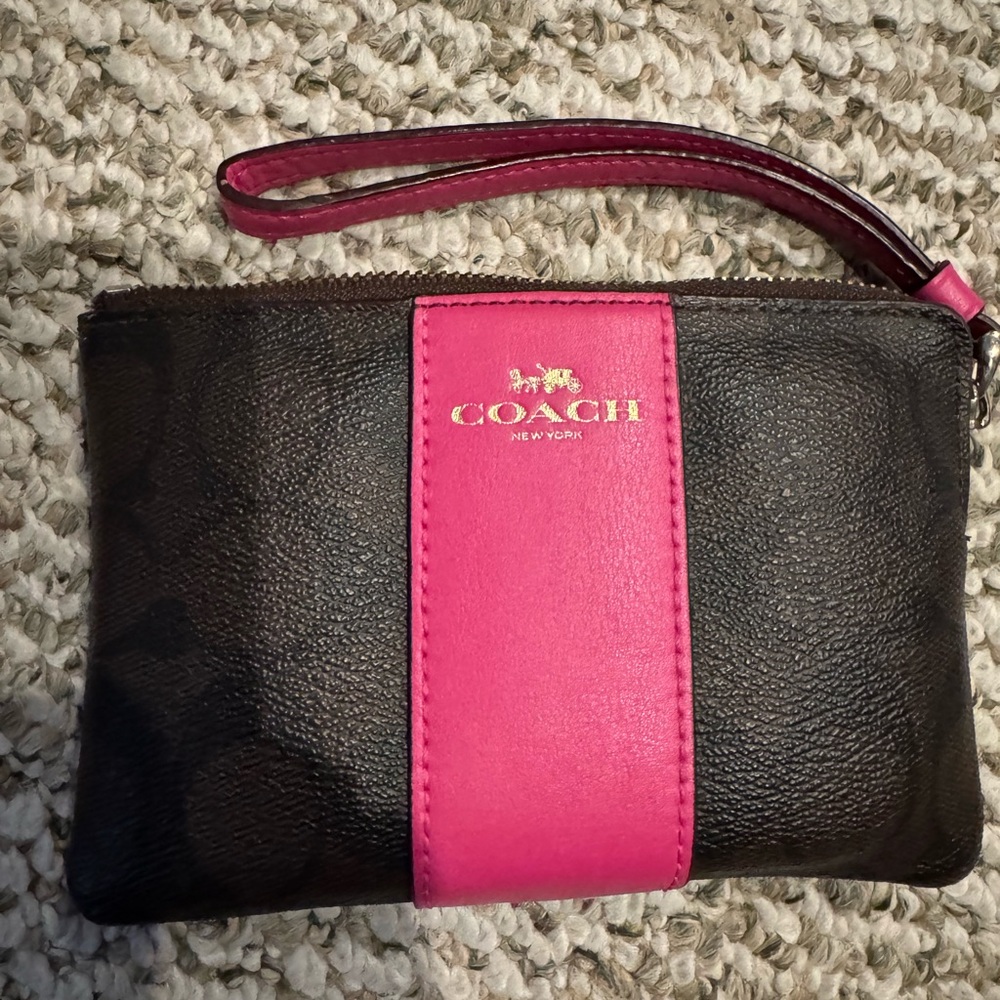 Coach Black and Pink Leather Wristlet with Coach Lanyard Tag